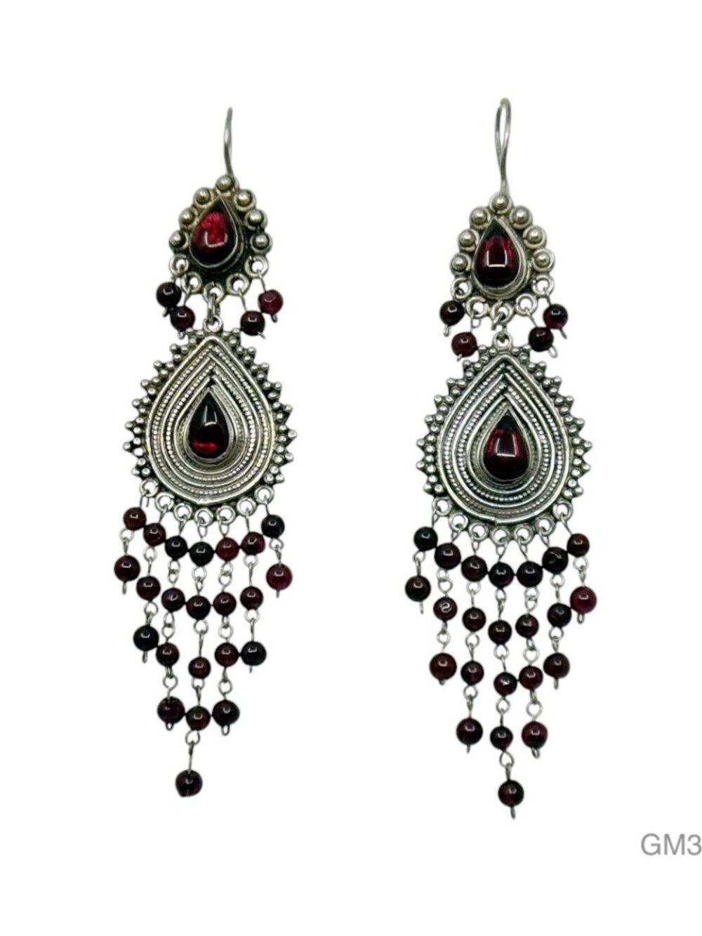 Vintage sterling silver garnet shoulder duster drop earrings - GM329